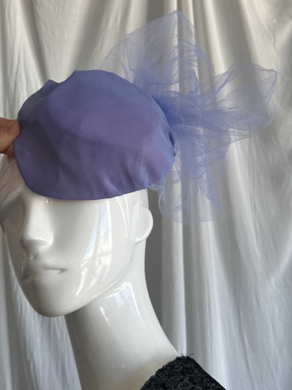 Polo or Church or costume Party fascinator Lilac color Mesh Appliqué tablet hat - Picture 6 of 16